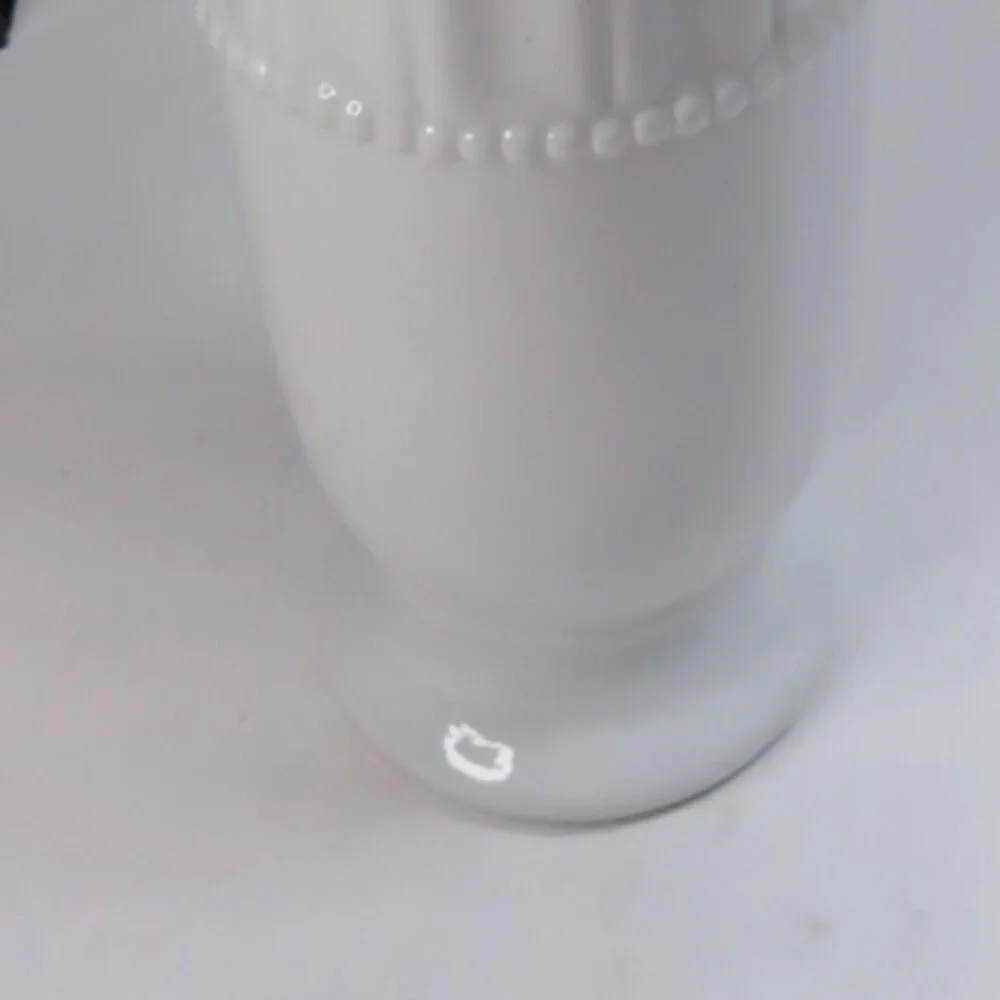 White Ceramic Vase with Pink Silk Faux Flowers Vase BEADED & RIBBED, Faired Base